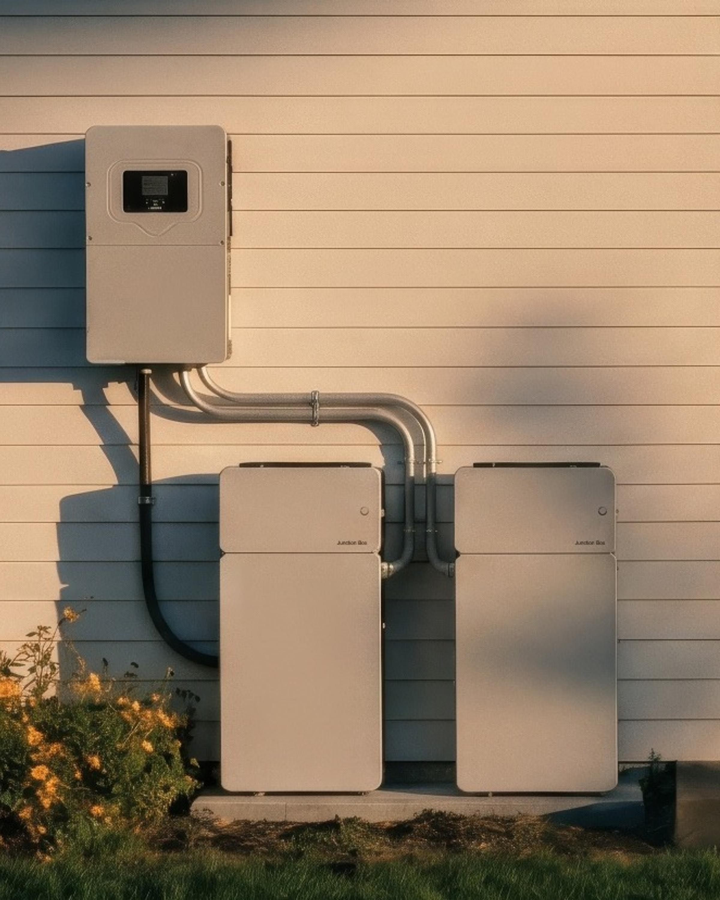 A Daylight home battery and inverter on the side of a house