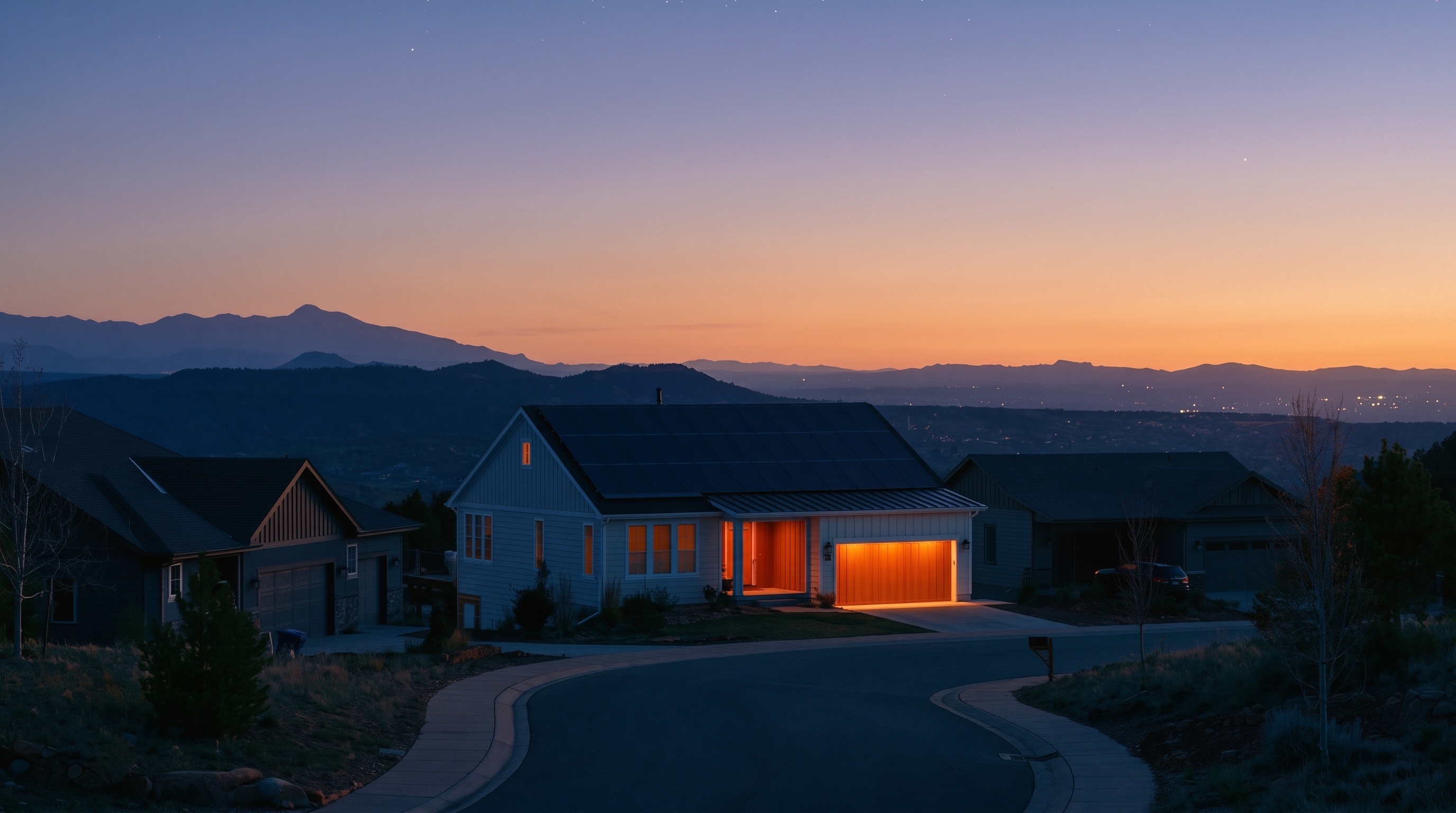 Home with rooftop solar glowing at dusk above the valley