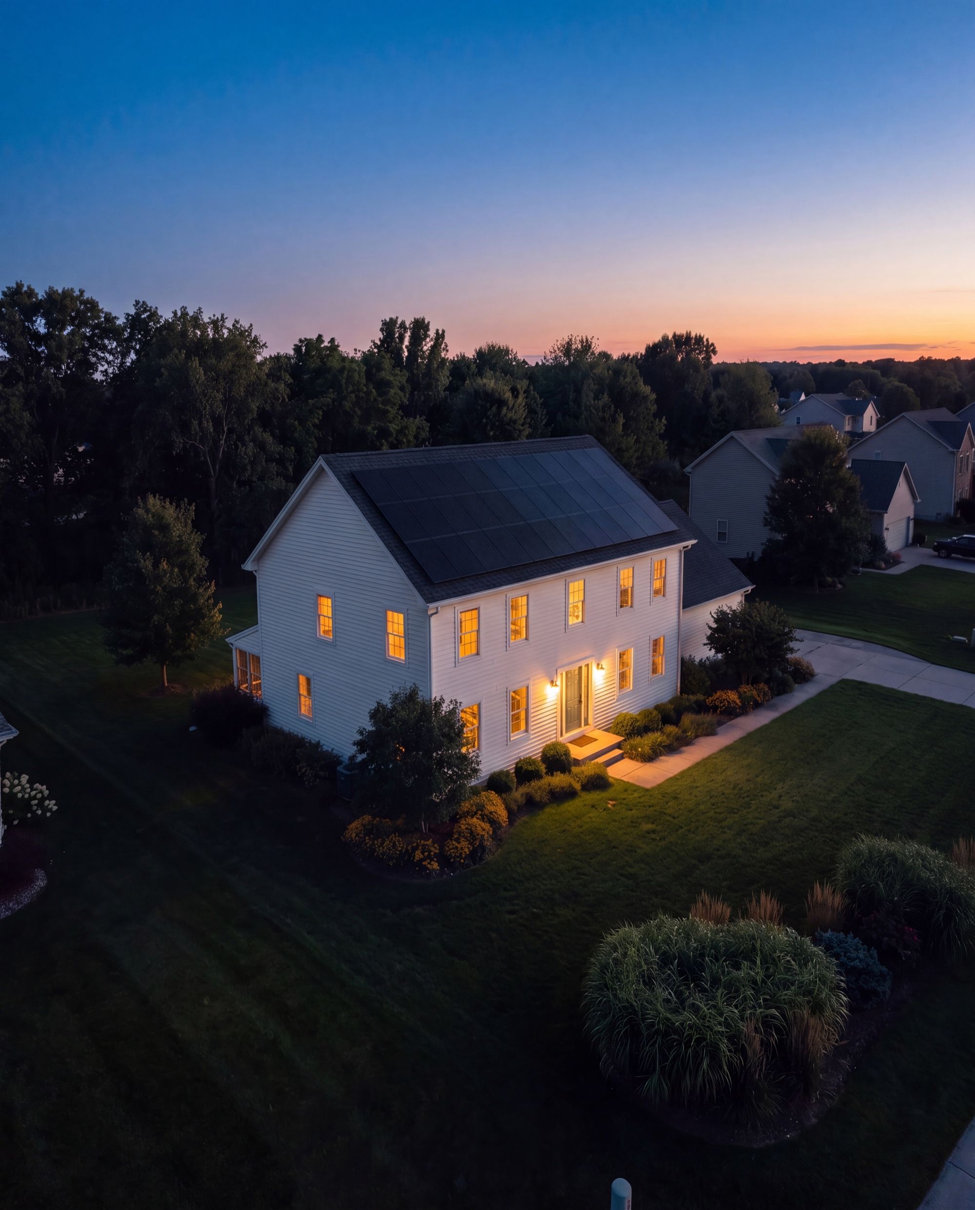 Aerial view of a Daylight home with matte black solar panels at dusk