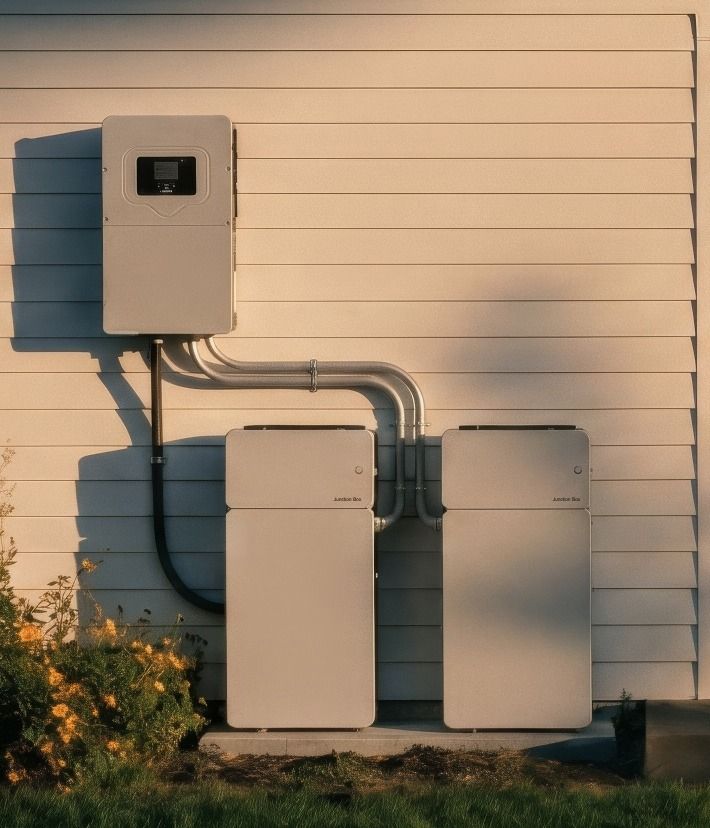 A Daylight home battery and inverter on the side of a house