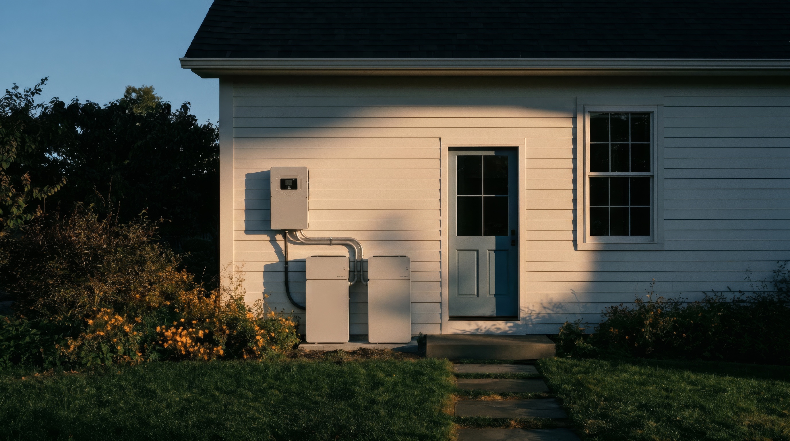Inverter and two home batteries on white clapboard siding beside a blue front door at golden hour