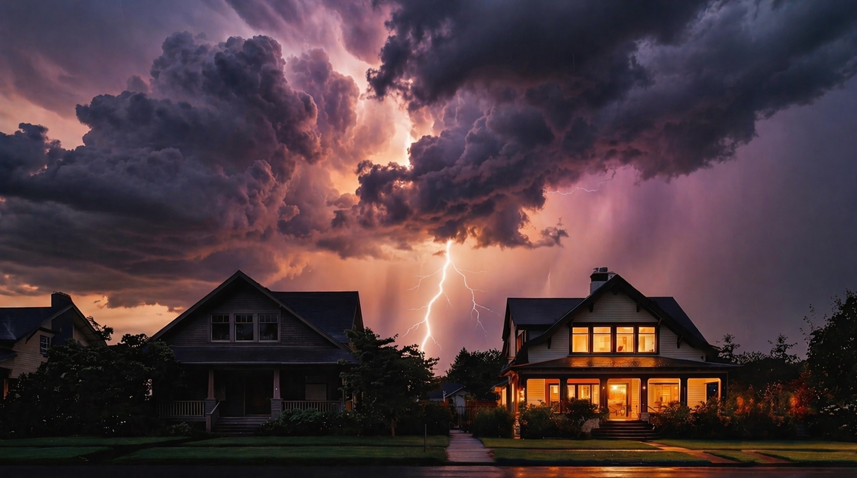 A home lit up during a lightning storm at dusk