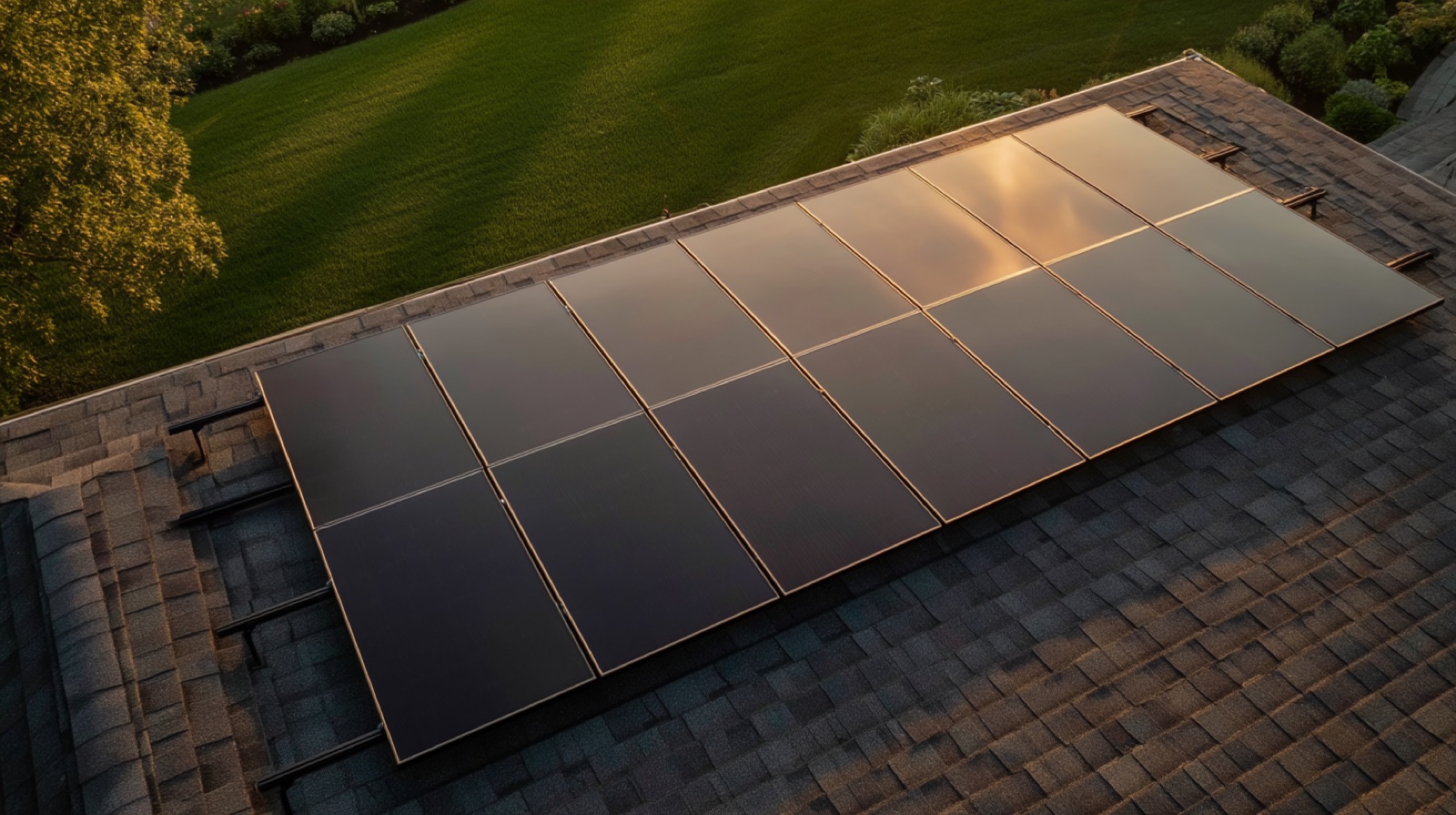Close-up aerial of solar panels on a home roof