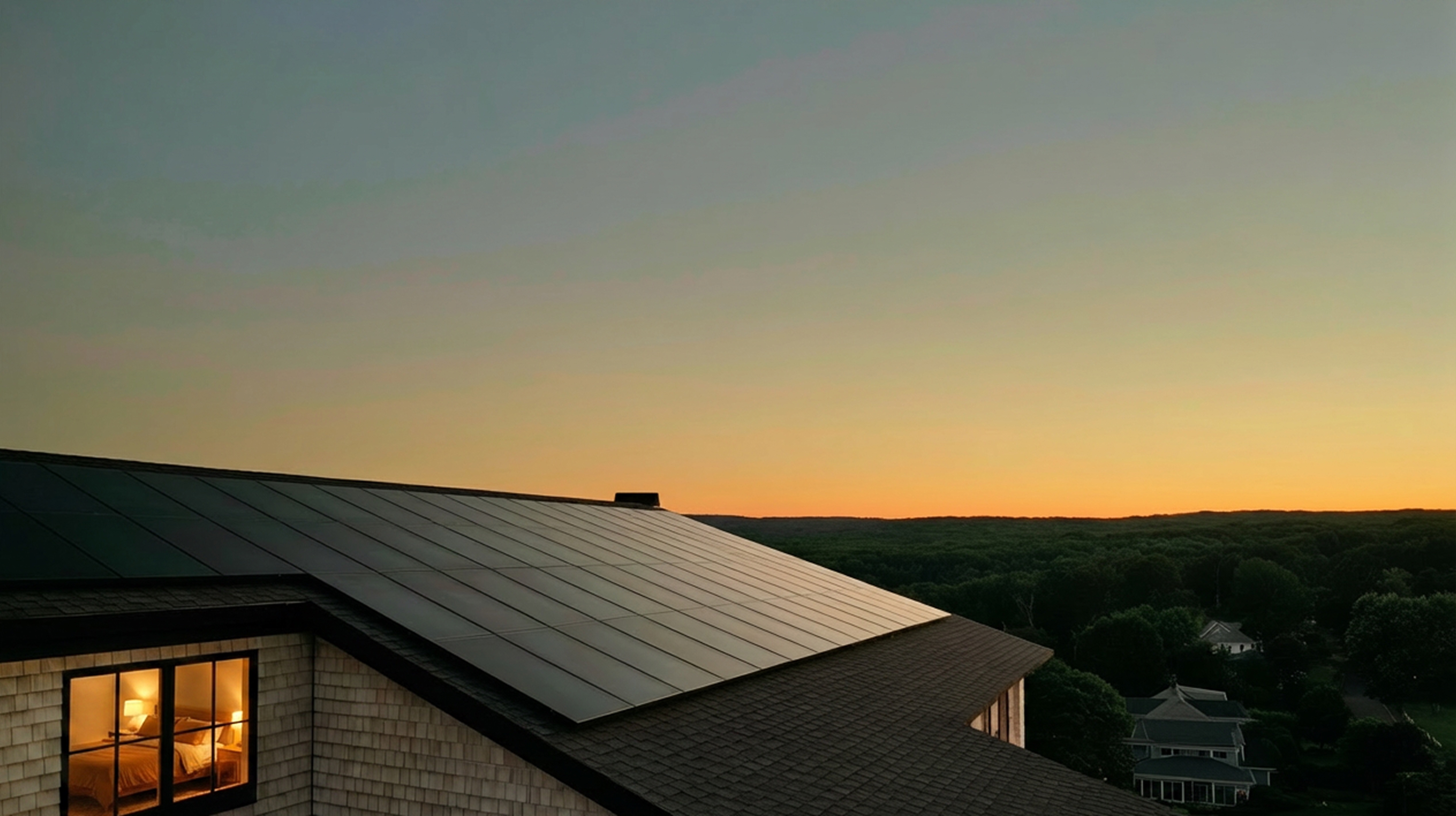 A home with matte black solar panels at sunset, warm horizon glow